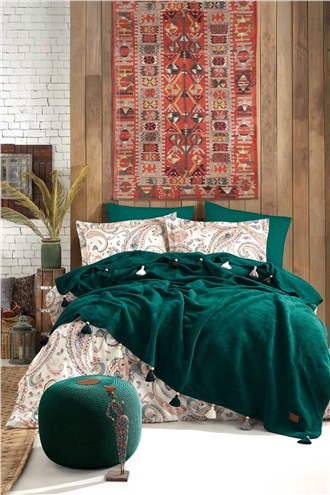 Boho Chic Double Size Tasseled Blanket & Duver Cover Set - Emerald